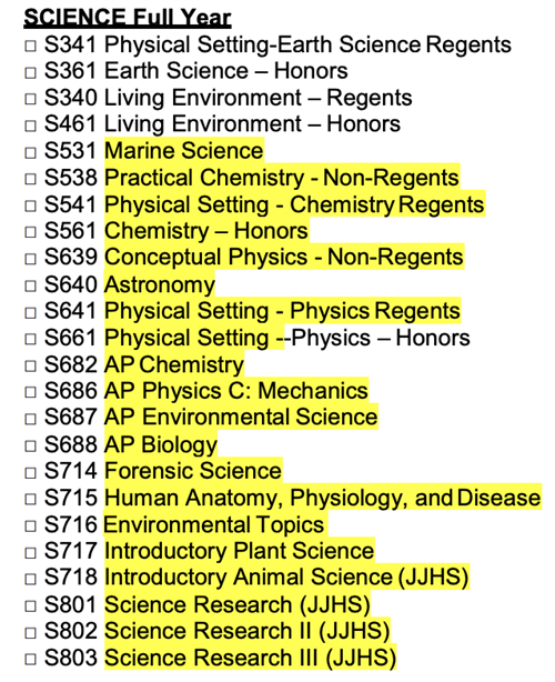 Science Course Offerings